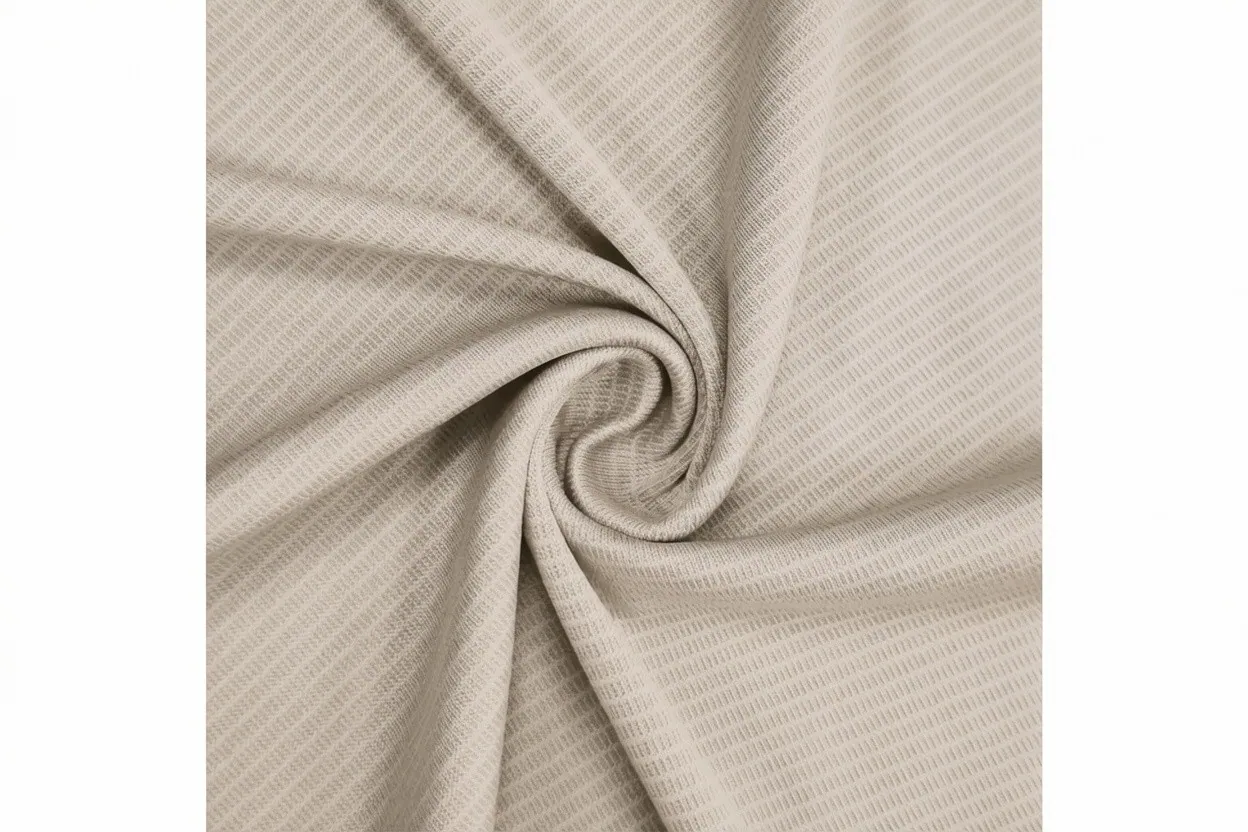 Wicking dry-fit knit fabric in warm stone cotton with technical performance texture, manufactured at Apex Corporation knitwear factory in Karachi Pakistan